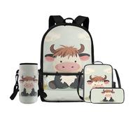 COEQINE Zaino 4 in 1 rosa per ragazze 4 6 8 10 12 anni borsa scuola media set pranzo scatola matita porta bottiglia tracolla, Ippopotamo rosa nero del fumetto