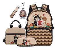 COEQINE Zaino 5 in 1 con lunchbox 44 cm borsa libro per bambini astuccio astuccio portachiavi borse per laptop, Kit Cuore Cane Gatto