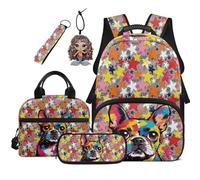 COEQINE Zaino 5 in 1 con lunchbox 44 cm borsa libro per bambini astuccio astuccio portachiavi borse per laptop, Bulldog francese floreale colorato