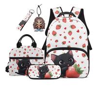 COEQINE Zaino 5 in 1 con lunchbox 44 cm borsa libro per bambini astuccio astuccio portachiavi borse per laptop, Gatto Fragola Bianco