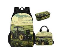 COEQINE Zaino a forma di animale per ragazzi dai 4 ai 6 anni, 6-8 anni, con portapranzo e portapenne, set da 3 pezzi, Trattore Verde