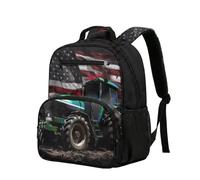 COEQINE Zaino da 34,2 cm per ragazzi e bambini, con tasche frontali per la scuola, per ragazzi, 33 x 27 x 18 cm, Carino Camion Bandiera Americana Nero