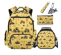 COEQINE Zaino da 5 pezzi per ragazzi con borsa per il pranzo set per bambini borsa da scuola con astuccio portachiavi per viaggi elementari, Camion Costruzione Giallo, M, Casual