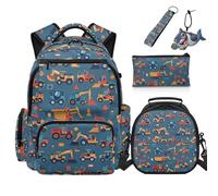 COEQINE Zaino da 5 pezzi per ragazzi con borsa per il pranzo set per bambini borsa da scuola con astuccio portachiavi per viaggi elementari, Camion Edilizia Arancione Blu, M, Designer