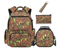 COEQINE Zaino da 5 pezzi per ragazzi con portapranzo Set per bambini Borsa per la scuola per ragazzi 8-10 Cool Large Pencil Case Simpatico Portachiavi Bookbag, Dinosauro Camo Arancione, M, Designer
