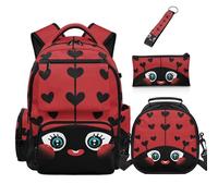 COEQINE Zaino da 5 pezzi per ragazzi con portapranzo Set per bambini Borsa per la scuola per ragazzi 8-10 Cool Large Pencil Case Simpatico Portachiavi Bookbag, Carino coccinella cuore rosso, M