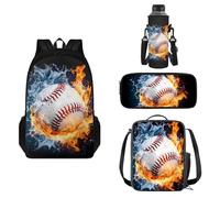 COEQINE Zaino da baseball 3D Burning per ragazzi 4-6 5-8 con portapranzo, 4 pezzi, borsa per libri prescolari per ragazzi 8-12 con tracolla per portapranzo, portabottiglie da viaggio per bici,