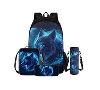 COEQINE Zaino da viaggio con lupo blu, 4 pezzi, per ragazzi, con portapranzo, borsa da viaggio per bambini e ragazzi, 9 anni, con porta bottiglia d'acqua, grande capacità, per bambini dagli 8 ai 12