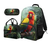 COEQINE Zaino elementare per ragazzi 4-6 Bookbag per ragazzo con contenitore per il pranzo e scatola portamatite 1 ° grado, Pappagallo carino