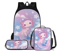 COEQINE Zaino Kawaii per bambini e ragazze, con portapranzo, per asilo, scuola elementare, confezione da 3, Stelle Axolotl Kawaii