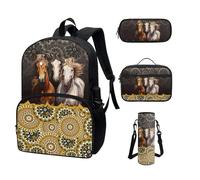 COEQINE Zaino Kawaii per la scuola, 4 pezzi, per adolescenti, ragazze, scuola superiore, con tasca per bottiglia d'acqua, portapranzo, astuccio per matite, Mandala Cavallo Boho Floreale Oro