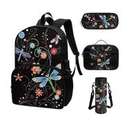 COEQINE Zaino Kawaii per la scuola, 4 pezzi, per adolescenti, ragazze, scuola superiore, con tasca per bottiglia d'acqua, portapranzo, astuccio per matite, Libellula Floreale