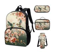 COEQINE Zaino Kawaii per la scuola, 4 pezzi, per adolescenti, ragazze, scuola superiore, con tasca per bottiglia d'acqua, portapranzo, astuccio per matite, Colibrì estetico