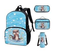 COEQINE Zaino Kawaii per la scuola, 4 pezzi, per adolescenti, ragazze, scuola superiore, con tasca per bottiglia d'acqua, portapranzo, astuccio per matite, Lontra Carino Cuore Blu