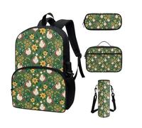 COEQINE Zaino Kawaii per la scuola, 4 pezzi, per adolescenti, ragazze, scuola superiore, con tasca per bottiglia d'acqua, portapranzo, astuccio per matite, Verde Giallo Floreale Carino Cavy Animale