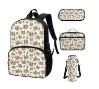 COEQINE Zaino Kawaii per la scuola, 4 pezzi, per adolescenti, ragazze, scuola superiore, con tasca per bottiglia d'acqua, portapranzo, astuccio per matite, Simpatica rana fragola rosa mucca stampa