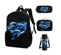 COEQINE Zaino Kawaii per la scuola, 4 pezzi, per adolescenti, ragazze, scuola superiore, con tasca per bottiglia d'acqua, portapranzo, astuccio per matite, Delfino blu neon cuore carino