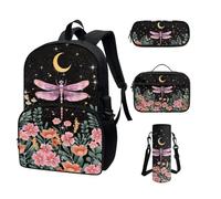 COEQINE Zaino Kawaii per la scuola, 4 pezzi, per adolescenti, ragazze, scuola superiore, con tasca per bottiglia d'acqua, portapranzo, astuccio per matite, Rosa Libellula Luna Floreale, moderno