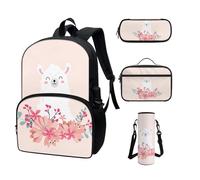 COEQINE Zaino Kawaii per la scuola, 4 pezzi, per adolescenti, ragazze, scuola superiore, con tasca per bottiglia d'acqua, portapranzo, astuccio per matite, Carino floreale rosa alpaca