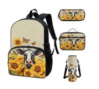 COEQINE Zaino Kawaii per la scuola, 4 pezzi, per adolescenti, ragazze, scuola superiore, con tasca per bottiglia d'acqua, portapranzo, astuccio per matite, Girasole Mucca Carino