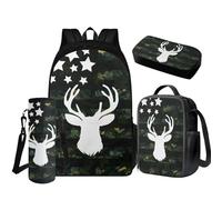 COEQINE Zaino mimetico con cervo verde che fa male per ragazzi 8-12 anni con bandiera americana set di zaino per bambini 3-4 anni zaino prescolare con borsa per il pranzo Set di 4 libri riutilizzabili