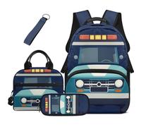 COEQINE Zaino per bambini con portapranzo, 4 pezzi, borsa per la scuola, borsa per libri di prima elementare, con astuccio grande per le scuole medie, Auto della polizia a strisce blu