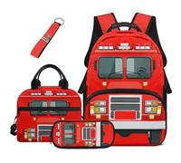 COEQINE Zaino per bambini con portapranzo, 4 pezzi, borsa per la scuola, borsa per libri di prima elementare, con astuccio grande per le scuole medie, Camion dei vigili del fuoco