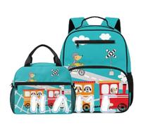 COEQINE Zaino per bambini con portapranzo, set di 3 borse per la scuola con astuccio per utensili per bambini dai 4 ai 10 anni, Rosso Treno Traffico Teal Sky, M, Designer