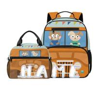 COEQINE Zaino per bambini con portapranzo, set di 3 borse per la scuola con astuccio per utensili per bambini dai 4 ai 10 anni, Brown Car Animal Friends, M, Designer