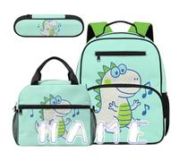 COEQINE Zaino per bambini con portapranzo, set di 3 borse per la scuola con astuccio per utensili per bambini dai 4 ai 10 anni, Verde Dinosauro Musica Teal, M, Casual