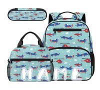 COEQINE Zaino per bambini con portapranzo, set di 3 borse per la scuola con astuccio per utensili per bambini dai 4 ai 10 anni, Cielo Blu Aereo, M, Casual