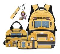 COEQINE Zaino per bambini da 5 pezzi con contenitore per il pranzo da 44 cm, borsa per la scuola per ragazzi 4-6 spaziosa astuccio portachiavi, Auto Classica Giallo Bus