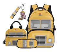 COEQINE Zaino per bambini da 5 pezzi con contenitore per il pranzo da 44 cm, borsa per la scuola per ragazzi 4-6 spaziosa astuccio portachiavi, Scuolabus Giallo