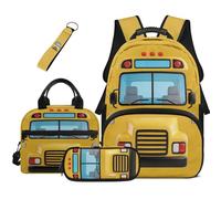 COEQINE Zaino per bambini da 5 pezzi con contenitore per il pranzo da 44 cm, borsa per la scuola per ragazzi 4-6 spaziosa astuccio portachiavi, Classico Scuolabus Giallo
