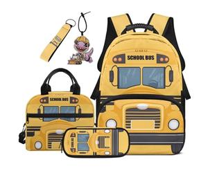 COEQINE Zaino per bambini da 5 pezzi con contenitore per il pranzo da 44 cm, borsa per la scuola per ragazzi 4-6 spaziosa astuccio portachiavi, Auto Classica Giallo Bus