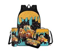 COEQINE Zaino per bambini da 8 a 12 anni, 4 pezzi, contenitore termico per il pranzo e astuccio, per bottiglia d'acqua, scuola media, Carino Camion Giallo Gelato, Zaino daypack
