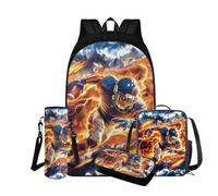 COEQINE Zaino per bambini da 8 a 12 anni, 4 pezzi, contenitore termico per il pranzo e astuccio, per bottiglia d'acqua, scuola media, Giocatore di palla da rugby Cool Flame, Zainetto