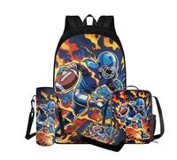 COEQINE Zaino per bambini da 8 a 12 anni, 4 pezzi, contenitore termico per il pranzo e astuccio, per bottiglia d'acqua, scuola media, Fiamma giocatore di palla da rugby, Zaino daypack