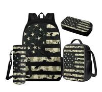 COEQINE Zaino per bambini dai 10 ai 12 anni con motivo cervo per bambini dai 3 ai 4 anni con portabottiglie Lightweihgt Bookbag per adolescenti e ragazzi, 4 pezzi, Bandiera americana Deer Cool