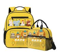 COEQINE Zaino per bambini e portapranzo Set personalizzato per libri a tema auto per bambini 4-10, scuola materna, Scuolabus Giallo Zoo Animali, M, Designer