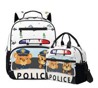 COEQINE Zaino per bambini e portapranzo Set personalizzato per libri a tema auto per bambini 4-10, scuola materna, Polizia Auto Bianco Leone Ufficiale, M, Designer
