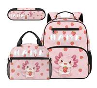 COEQINE Zaino per bambini in età prescolare con nome e portapranzo, set di 3 borse per la scuola abbinate agli utensili borsa per libri borsa per pannolini, Axolotl Fragola Rosa Dolce, M, Designer