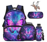 COEQINE Zaino per bambini per la scuola con portapranzo per la scuola elementare Combo astuccio per bottiglia d'acqua tasca portachiavi laptop bookbag, Nebulosa galassia viola farfalla
