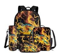 COEQINE Zaino per bambini per ragazze e ragazzi con set portapranzo, 4 pezzi, borsa per libri con astuccio e custodia per bottiglia d'acqua, Fulmine d'oro nero tartaruga, M, Designer