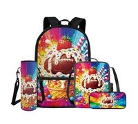 COEQINE Zaino per bambini per ragazze e ragazzi con set portapranzo, 4 pezzi, borsa per libri con astuccio e custodia per bottiglia d'acqua, American Football Rainbow Sweet Glaze, M, Designer