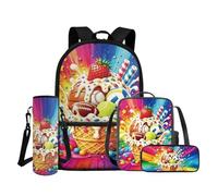 COEQINE Zaino per bambini per ragazze e ragazzi con set portapranzo, 4 pezzi, borsa per libri con astuccio e custodia per bottiglia d'acqua, Sport Pallavolo Arcobaleno Frutta Candy, M, Designer