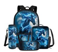 COEQINE Zaino per bambini per ragazze e ragazzi con set portapranzo, 4 pezzi, borsa per libri con astuccio e custodia per bottiglia d'acqua, Acqua di mare fulmine blu cavallo, M, Designer
