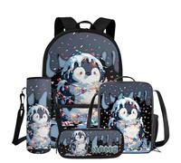 COEQINE Zaino per bambini per ragazze e ragazzi con set portapranzo, 4 pezzi, borsa per libri con astuccio e custodia per bottiglia d'acqua, Pinguino blu scuro galassia carino, M, Designer