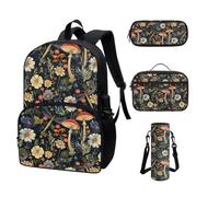 COEQINE Zaino per bambini Ragazze Ragazzi Cool Cartoon Cars Zaino Scuola Set per Bambini Lunch Box Astuccio Astuccio Bottiglia Portatile, Fungo Rosso Floreale Margherita