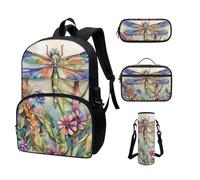 COEQINE Zaino per bambini Ragazze Ragazzi Cool Cartoon Cars Zaino Scuola Set per Bambini Lunch Box Astuccio Astuccio Bottiglia Portatile, Libellula